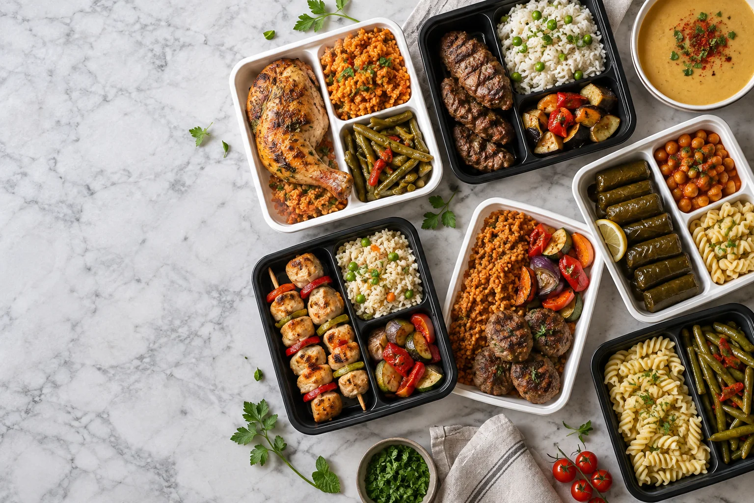 Barquettes KlassBox : poulet rôti, brochettes, köfte, riz, boulgour, feuilles de vigne et légumes